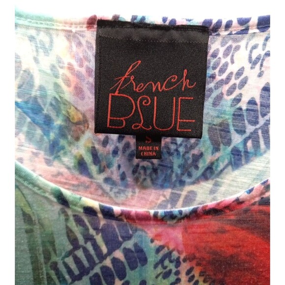 French Blue Blouse Small Colorful Boho Metallic Sheer 3/4 Sleeve Asymmetrical - Picture 8 of 9